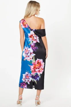 Petite Printed Satin Bardot Midi Wedding Guest Dress