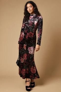 Petite Printed Velvet Open Back Midaxi Dress