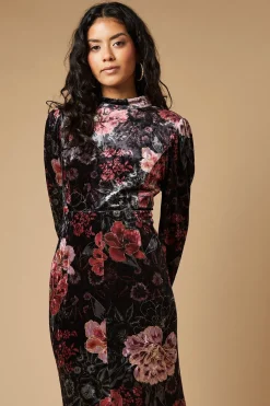 Petite Printed Velvet Open Back Midaxi Dress