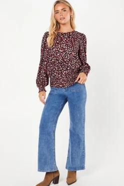 Petite Red Animal Shirred Hem Blouse
