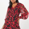 Petite Red Floral Chiffon Shirred Waist Long Sleeve Mini Dress