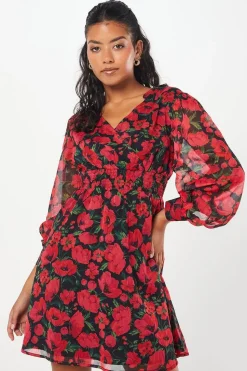 Petite Red Floral Chiffon Shirred Waist Long Sleeve Mini Dress