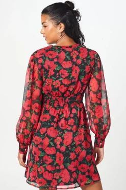 Petite Red Floral Chiffon Shirred Waist Long Sleeve Mini Dress