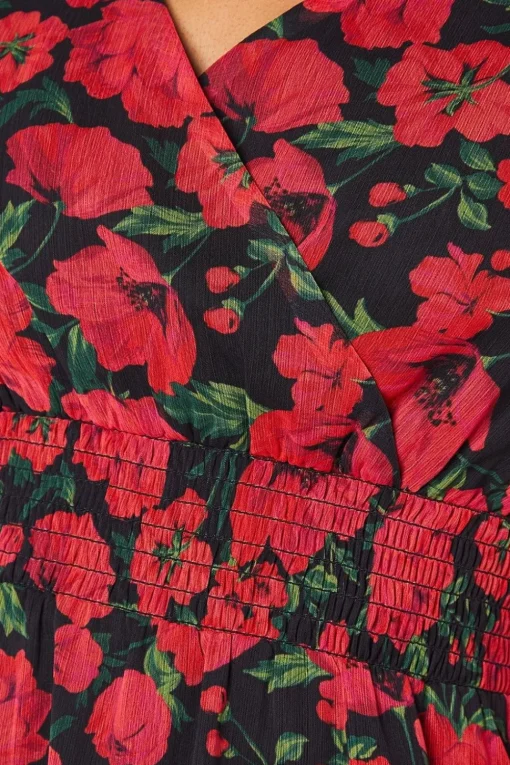Petite Red Floral Chiffon Shirred Waist Long Sleeve Mini Dress