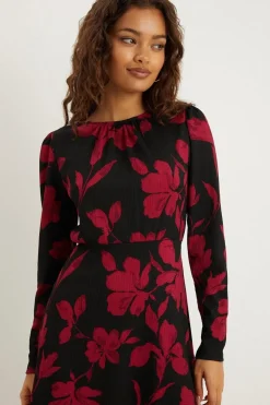 Petite Red Floral Puff Sleeve Fit And Flare Mini Dress