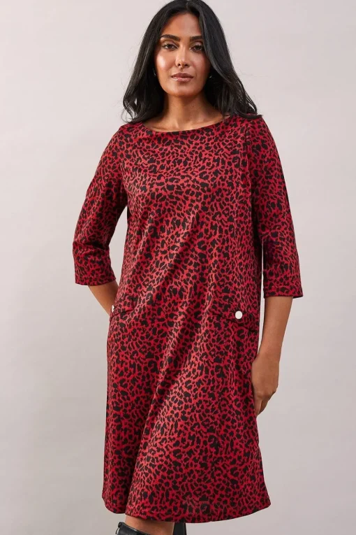 Petite Red Leopard Jacquard Ponte Shift Dress