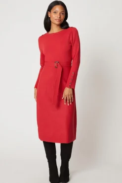 Petite Red Slash Neck Belted Knitted Dress