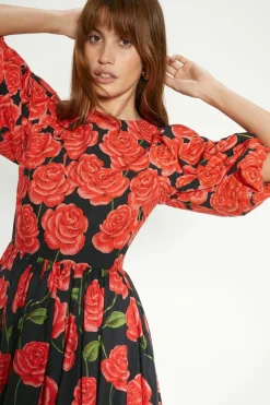 Petite Rose Placement Puff Sleeve Midi Dress