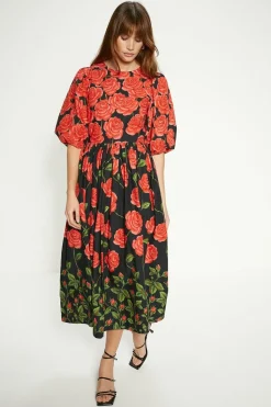 Petite Rose Placement Puff Sleeve Midi Dress
