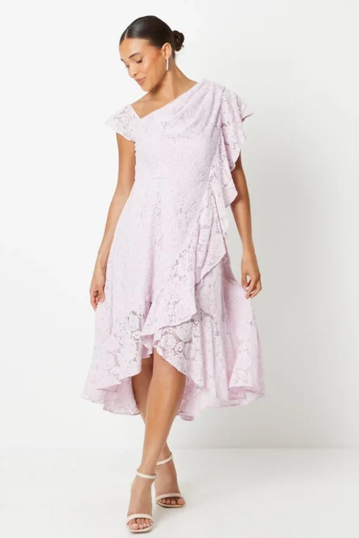 Petite Ruffle Detail Frill Shoulder Lace Midi Dress