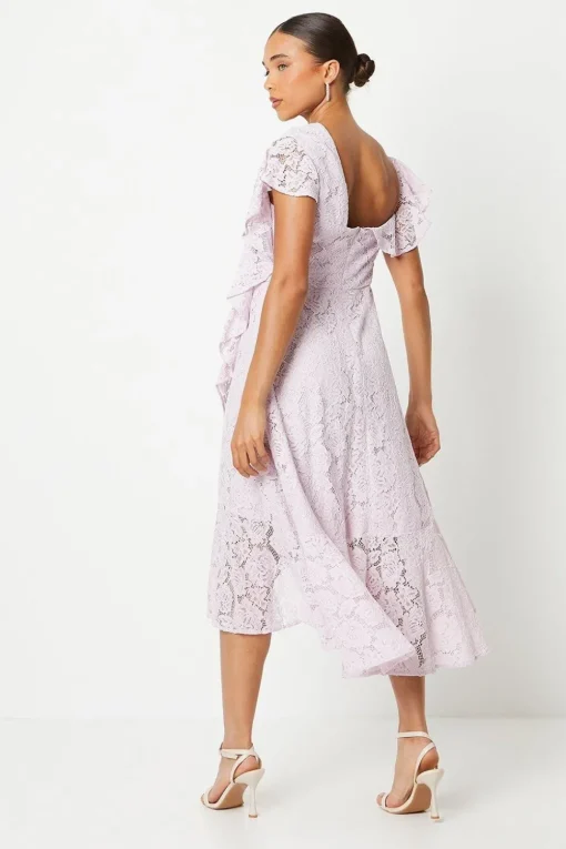 Petite Ruffle Detail Frill Shoulder Lace Midi Dress