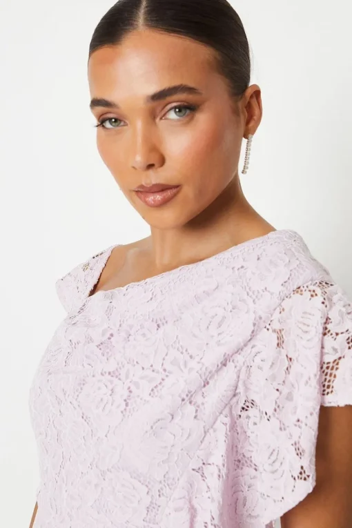 Petite Ruffle Detail Frill Shoulder Lace Midi Dress