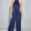 Petite Satin Halter Wide Leg Bridesmaids Jumpsuit