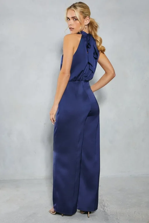 Petite Satin Halter Wide Leg Bridesmaids Jumpsuit