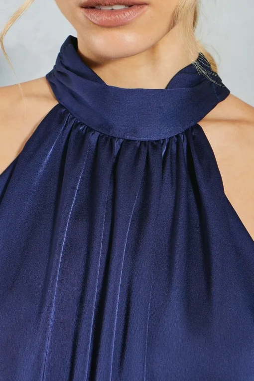 Petite Satin Halter Wide Leg Bridesmaids Jumpsuit