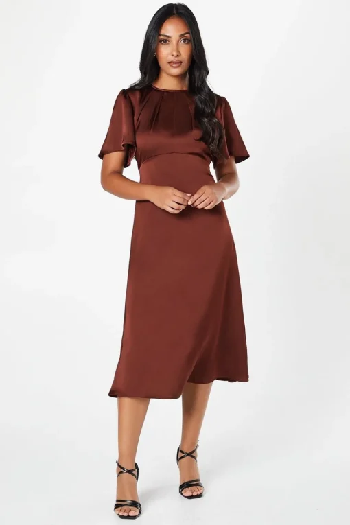 Petite Satin Ruffle Sleeve Midi Dress