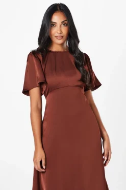 Petite Satin Ruffle Sleeve Midi Dress