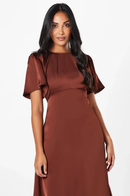 Petite Satin Ruffle Sleeve Midi Dress