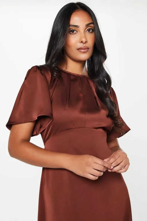 Petite Satin Ruffle Sleeve Midi Dress