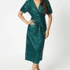 Petite Sequin Puff Sleeve Twist Midi Dress