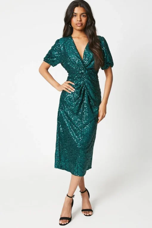 Petite Sequin Puff Sleeve Twist Midi Dress