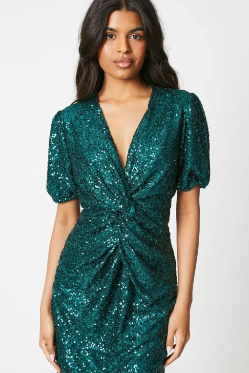 Petite Sequin Puff Sleeve Twist Midi Dress
