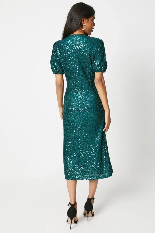 Petite Sequin Puff Sleeve Twist Midi Dress