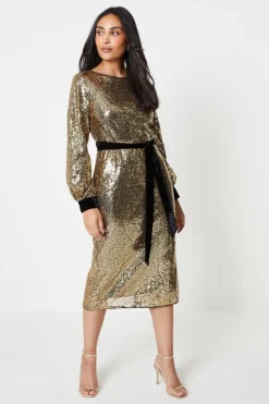 Petite Sequin Velvet Tie Midi Dress