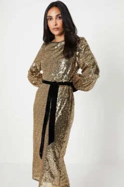 Petite Sequin Velvet Tie Midi Dress