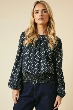 Petite Spot Shoulder Detail Shirred Hem Blouse