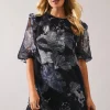 Petite Stencil Floral Volume Sleeve Shift Dress