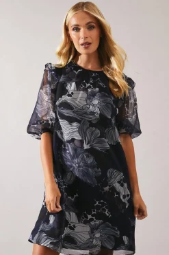 Petite Stencil Floral Volume Sleeve Shift Dress