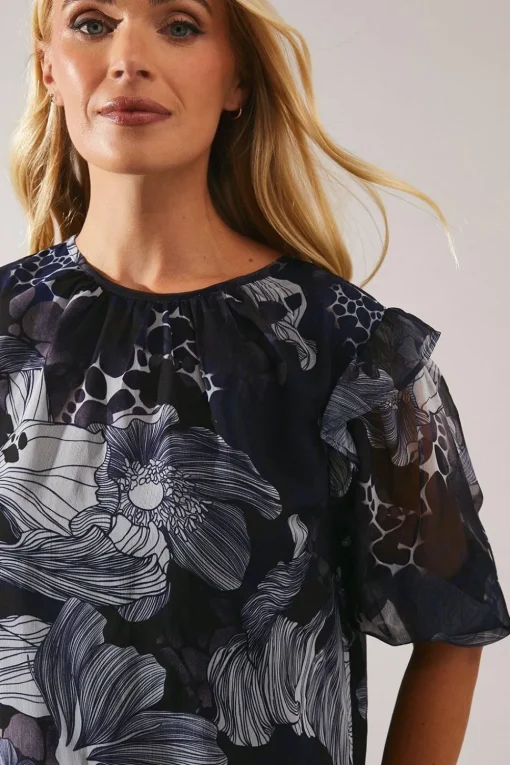 Petite Stencil Floral Volume Sleeve Shift Dress