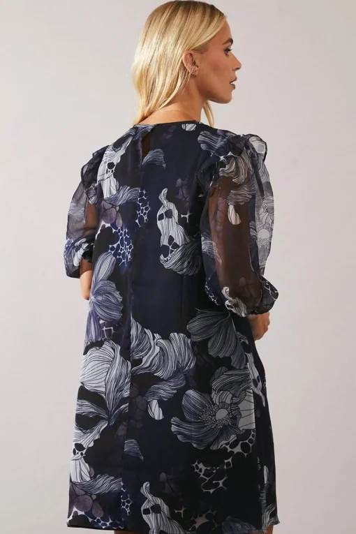 Petite Stencil Floral Volume Sleeve Shift Dress