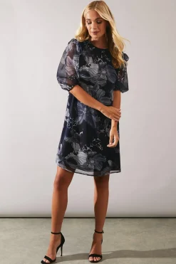 Petite Stencil Floral Volume Sleeve Shift Dress