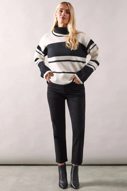 Petite Striped Colour Block Roll Neck Jumper