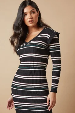 Petite Striped Ribbed Frill Shoulder V Neck Knitted Midi Dress