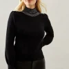Petite Studded Neckline Balloon Sleeve Knitted Top