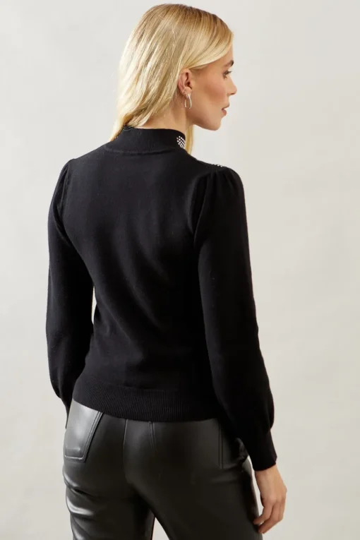 Petite Studded Neckline Balloon Sleeve Knitted Top