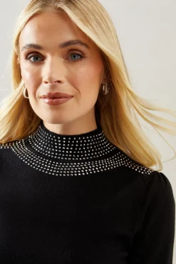 Petite Studded Neckline Balloon Sleeve Knitted Top