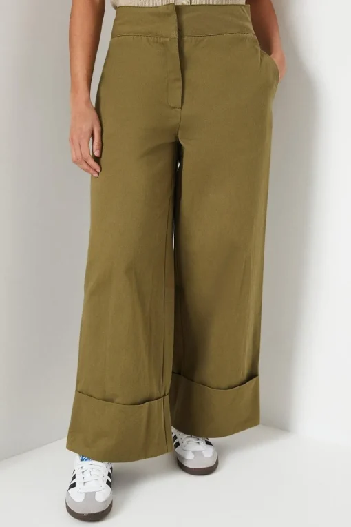 Petite Twill Turn Up Hem Straight Leg Trouser