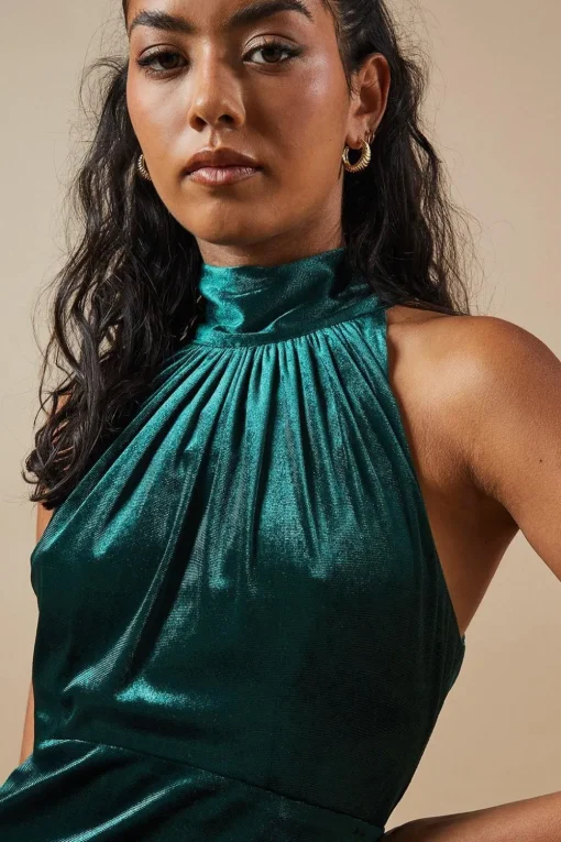 Petite Velvet Halter Bias Cut Maxi Bridesmaids Dress