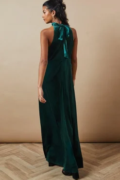 Petite Velvet Halter Bias Cut Maxi Bridesmaids Dress