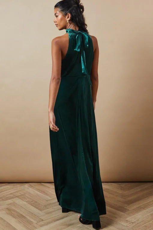 Petite Velvet Halter Bias Cut Maxi Bridesmaids Dress