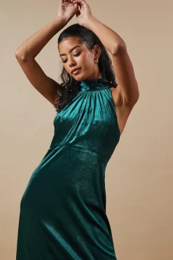 Petite Velvet Halter Bias Cut Maxi Bridesmaids Dress
