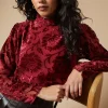Petite Velvet High Neck Button Detail Blouse