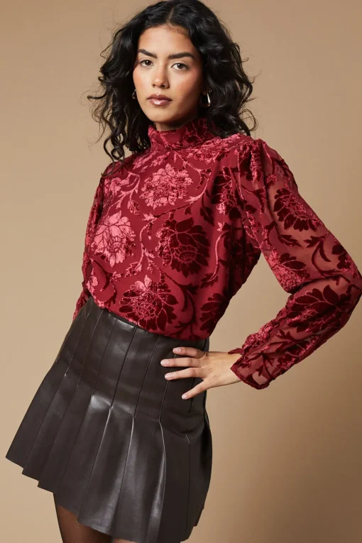 Petite Velvet High Neck Button Detail Blouse