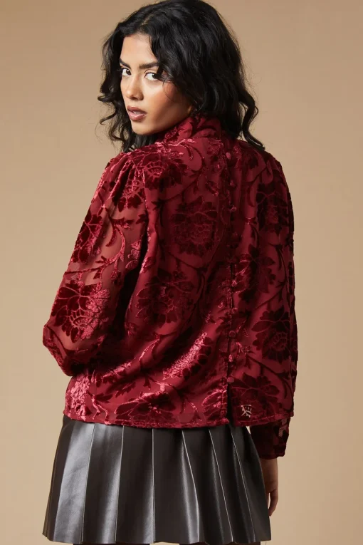 Petite Velvet High Neck Button Detail Blouse