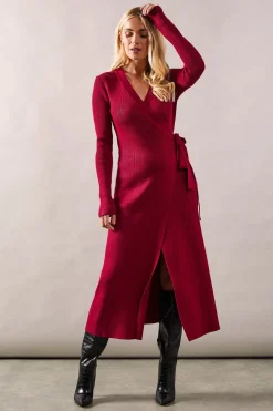 Petite Wrap Belted Knitted Midi Dress