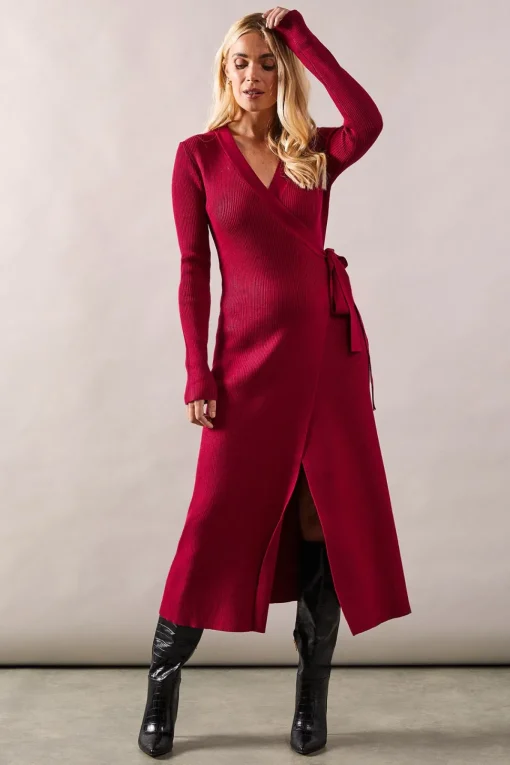 Petite Wrap Belted Knitted Midi Dress